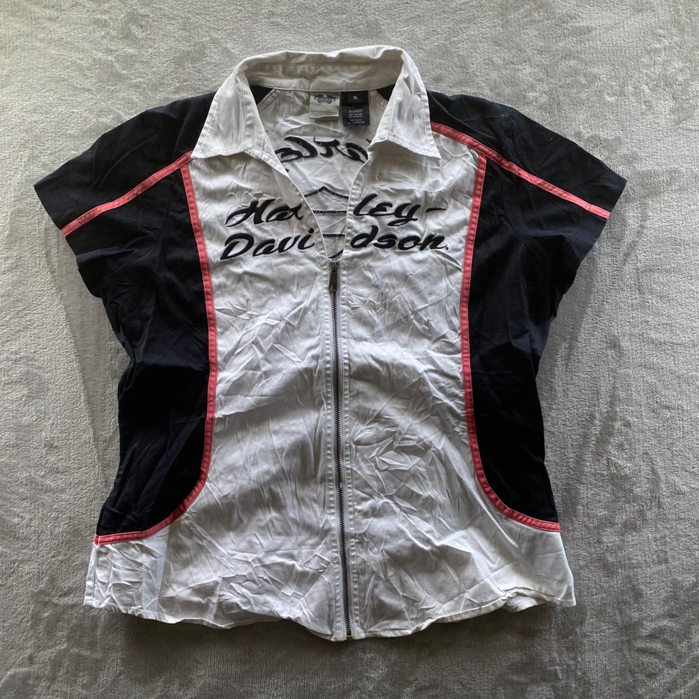 Harley Davidson Womens XL Zip Front Shirt Colorblock Embroidered Logo Pink Black